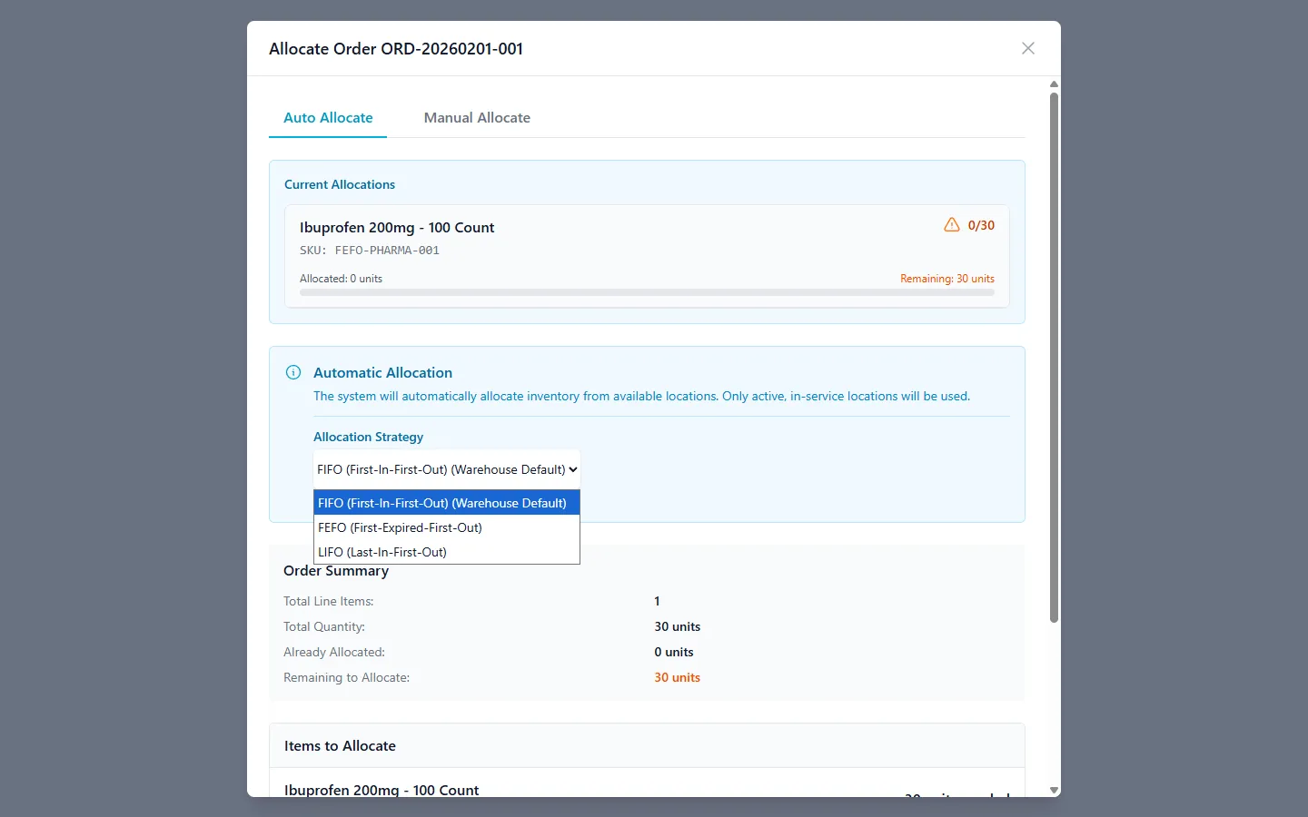 Allocate Order modal showing the strategy override dropdown with FIFO, FEFO, and LIFO options for per-order allocation control