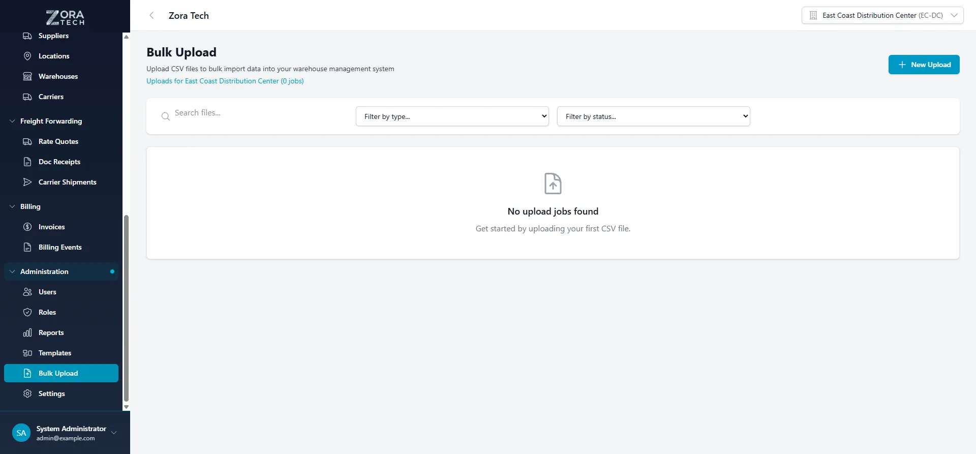 Bulk Upload page showing entity type options including Locations