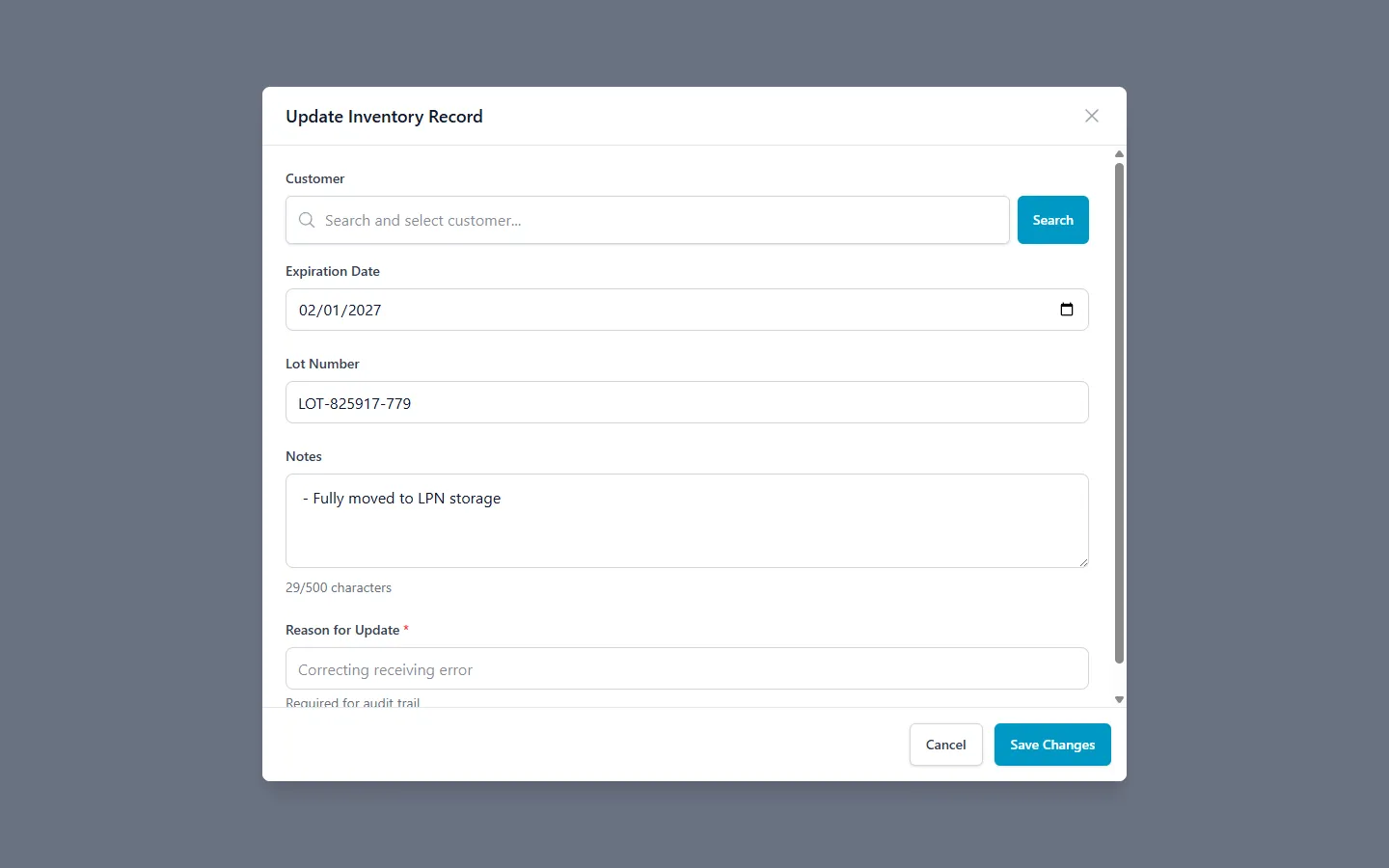 Update Inventory Record modal showing Expiration Date and Lot Number fields for tracking perishable inventory