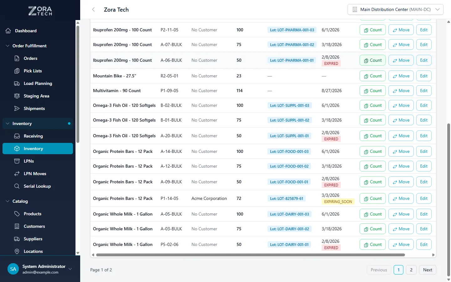 ZoraTech inventory list showing color-coded expiration badges — red EXPIRED, yellow EXPIRING SOON, and green dates for normal shelf life