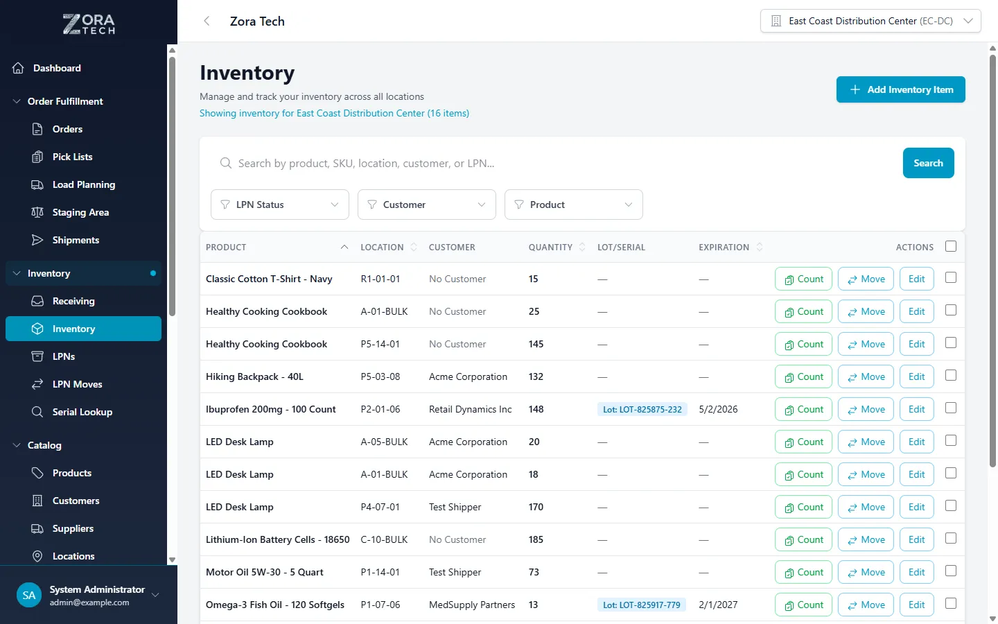 Inventory list view showing the Expiration column alongside product, location, and quantity data