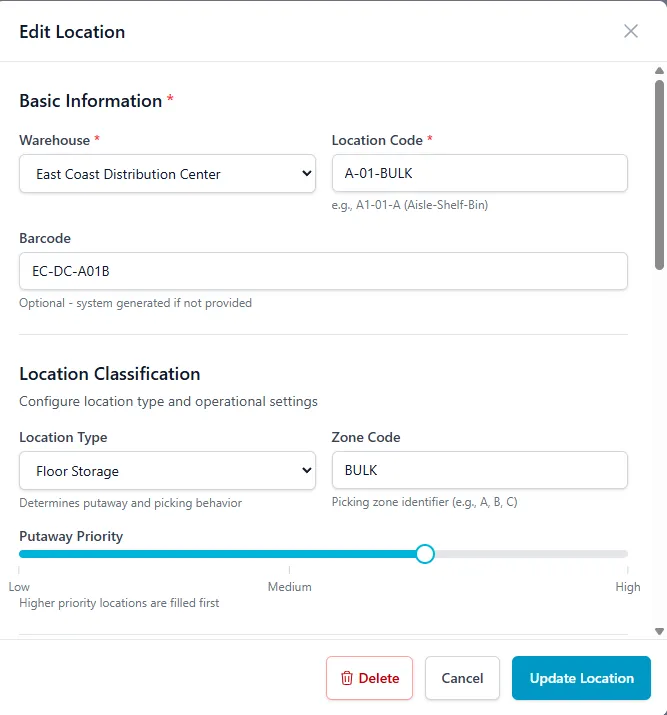 Location Edit modal showing the Putaway Priority slider and other configuration options