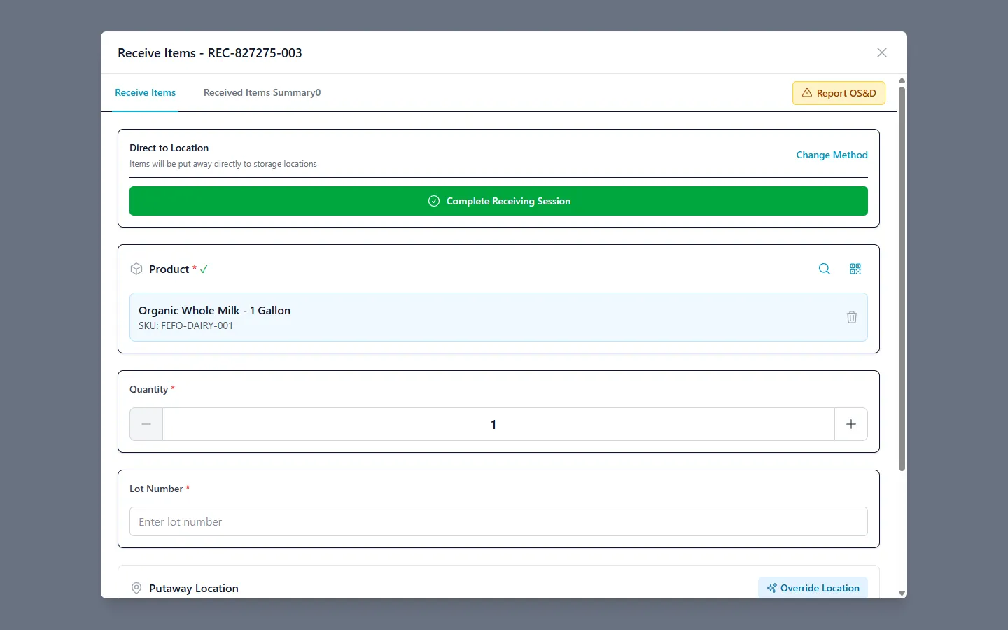 Receiving form showing product, quantity, and lot number fields for capturing batch-level traceability data