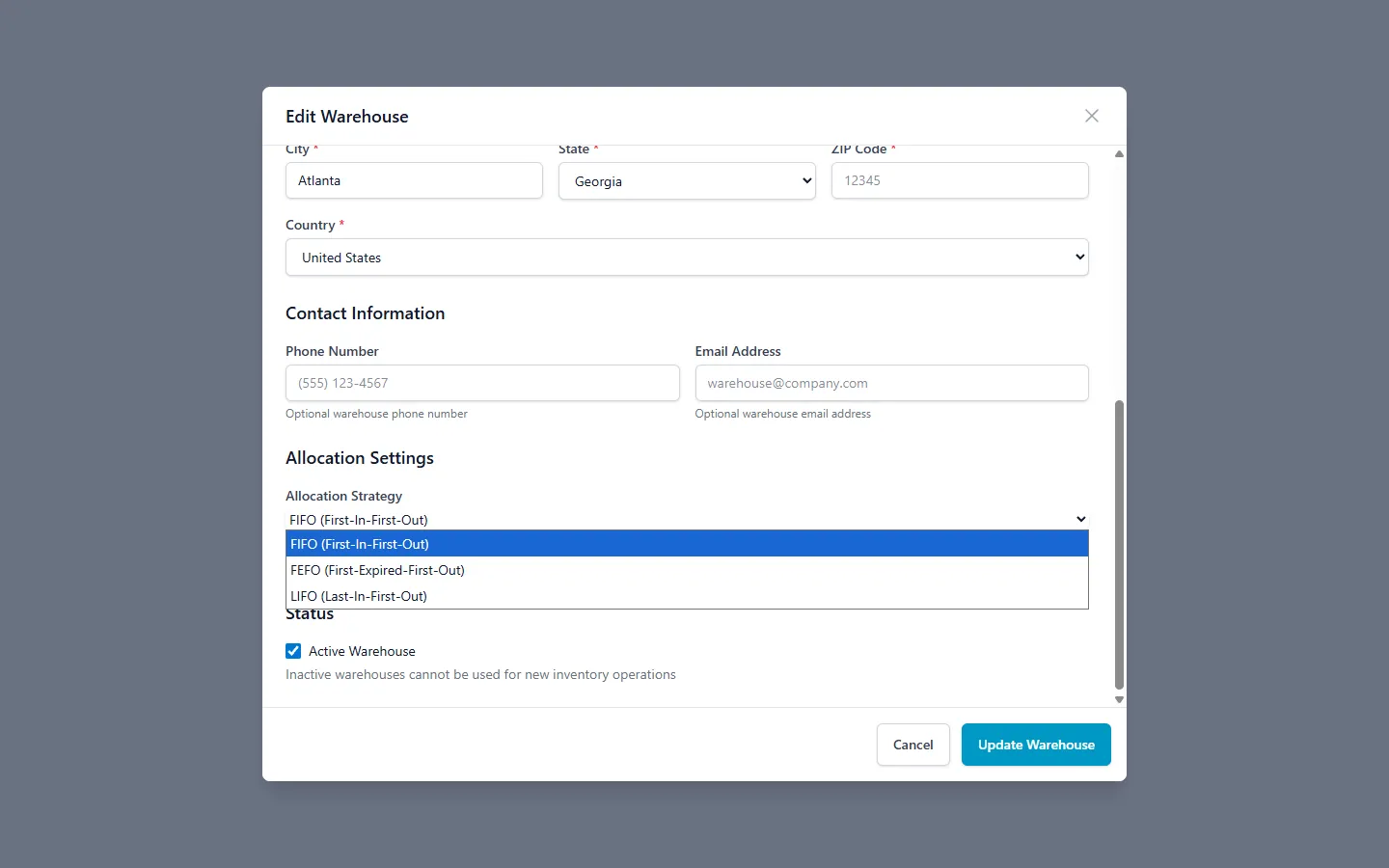 Edit Warehouse modal showing the Allocation Strategy dropdown with FIFO, FEFO, and LIFO options